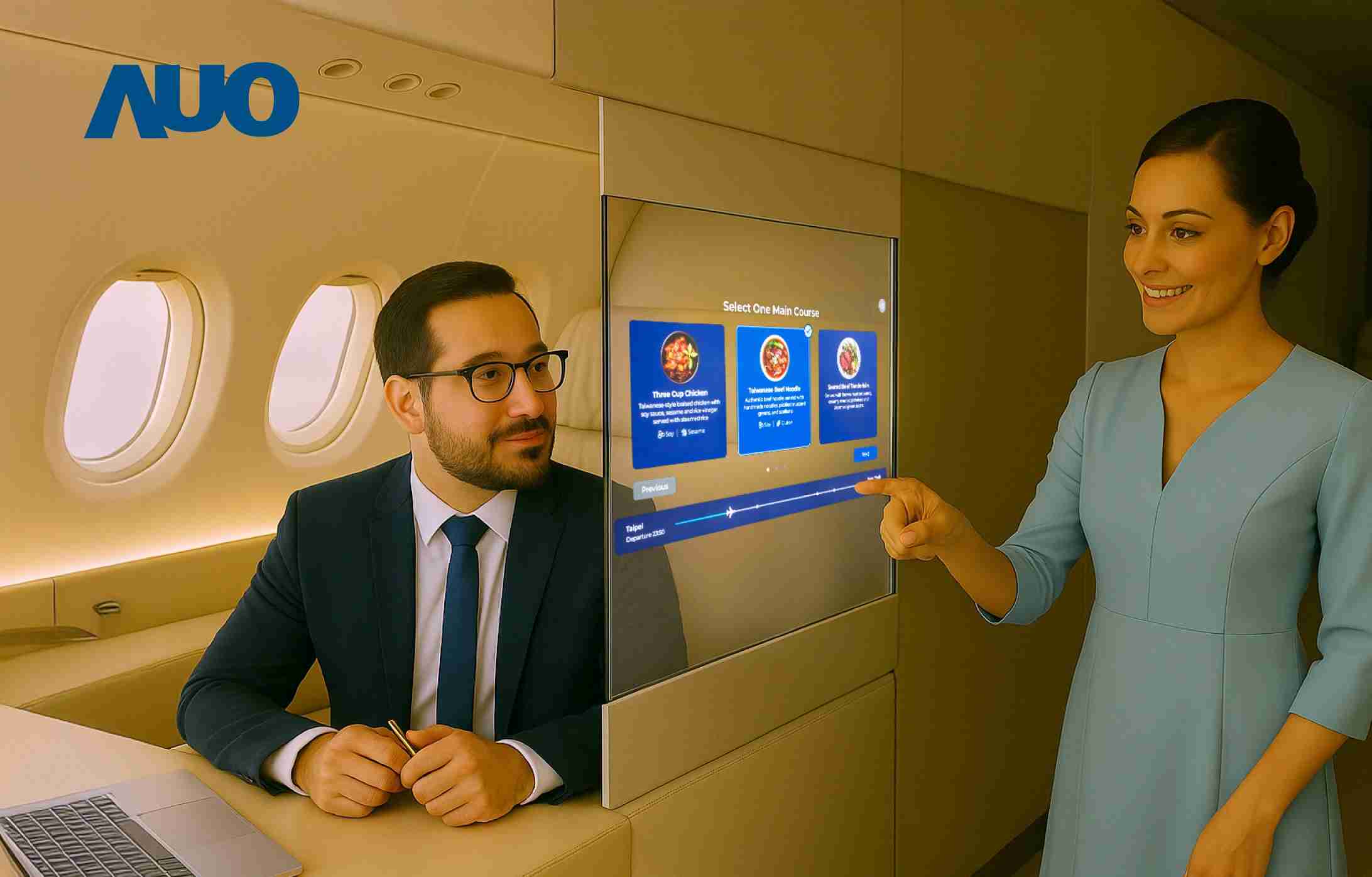 银河集团研发全球最薄17.3 吋双面透明 Micro LED 显示器，，，可在同一屏幕之双边投射不同信息，，创造独特的”透明化”互动；图为实时翻译交流应用情境